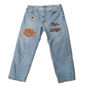 One of A Kind Levi 550 42x30 Patched Thrashed Unique Light Washed Denim